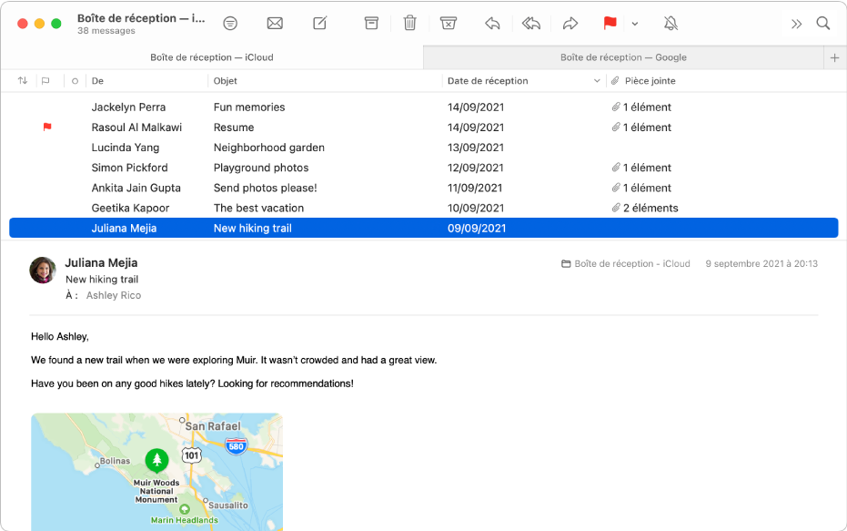 La fenêtre de Mail montrant la liste des messages en présentation Colonne, avec des colonnes telles que Expéditeur, Objet et « Date de réception », et l’aperçu du message sous la liste.