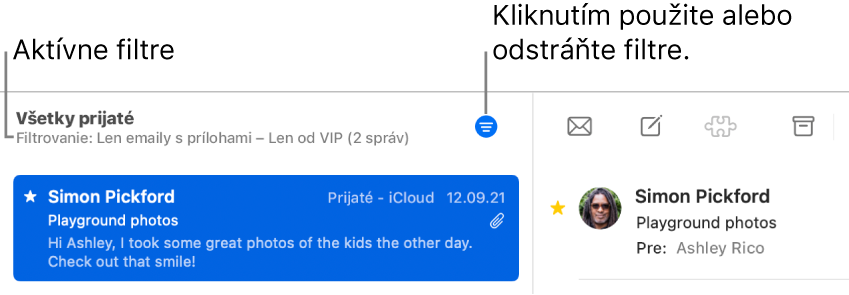 Okno apky Mail zobrazujúce panel s nástrojmi nad zoznamom správ, kde apka Mail označuje, ktoré filtre sú použité, ako napríklad Len od VIP.