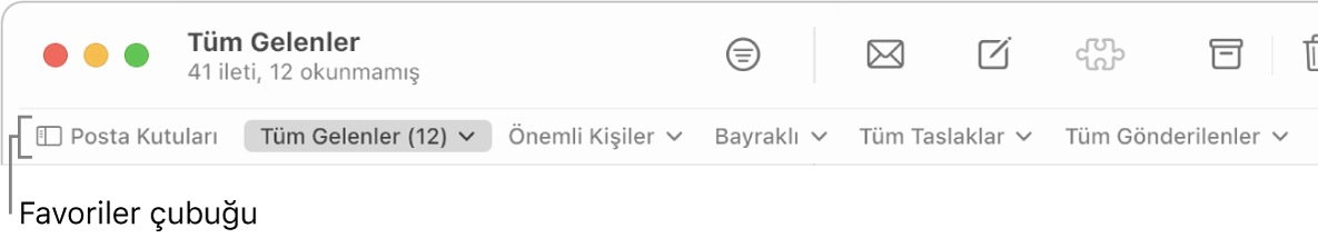 Posta Kutuları düğmesini ve Önemli Kişiler veya Bayraklı gibi favori posta kutularına erişme düğmelerini gösteren Favoriler çubuğu.