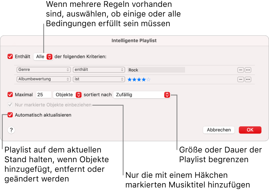 Das Dialogfenster „Intelligente Playlist“: Wähle oben links „Enthält“ und gib die Kriterien für die Playlist an (etwa Genre oder Wertung). Durch Klicken auf die Taste „Hinzufügen“ oder „Entfernen“ oben rechts kannst du weitere Regeln hinzufügen oder Regeln entfernen. Im unteren Bereich des Dialogfensters kannst du verschiedene Optionen auswählen, um z. B. die Größe oder Dauer der Playlist zu beschränken, um nur solche Titel aufzunehmen, die markiert sind, oder um die App „Musik“ die Playlist ändern zu lassen, wenn sich Objekte in deiner Mediathek ändern.