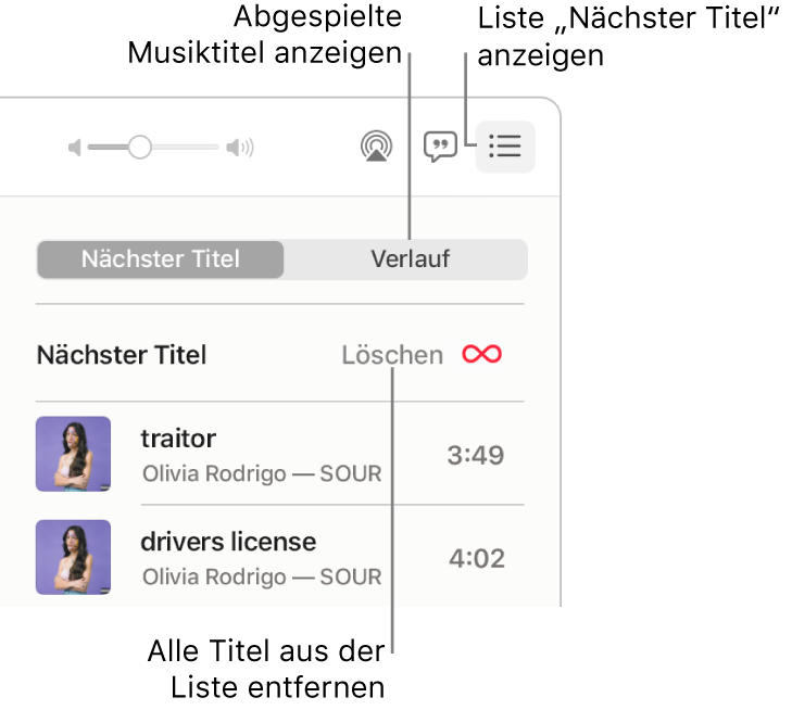 Die rechte obere Ecke des Fensters „Musik“ mit der Taste „Nächster Titel“ im Banner, mit der die Liste „Nächster Titel“ geöffnet wurde. Klicke auf den Link „Verlauf“, um die zuletzt abgespielten Titel anzuzeigen. Klicke auf den Link „Löschen“, um alle Titel aus der Liste zu entfernen.