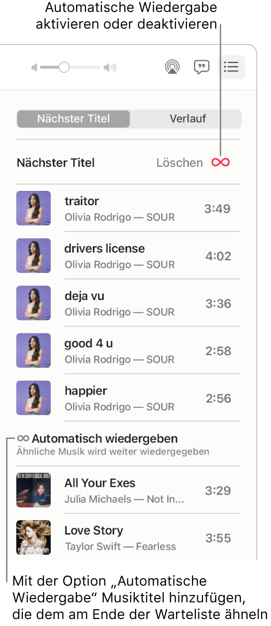 Die Liste „Nächster Titel“. Klicke auf die Taste „Automatisch wiedergeben“, um sie zu aktivieren oder deaktivieren. Wenn „Automatisch wiedergeben“ aktiviert ist, werden am Ende der Liste ähnliche Titel hinzugefügt.