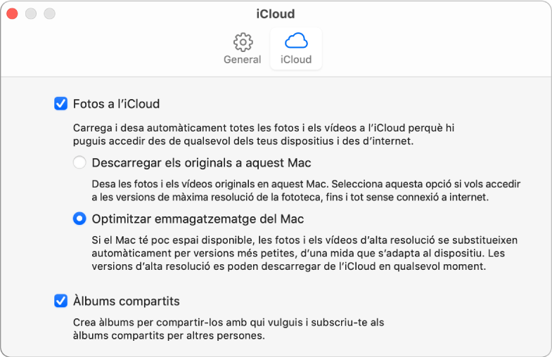 El tauler iCloud de les preferències de l’app Fotos.