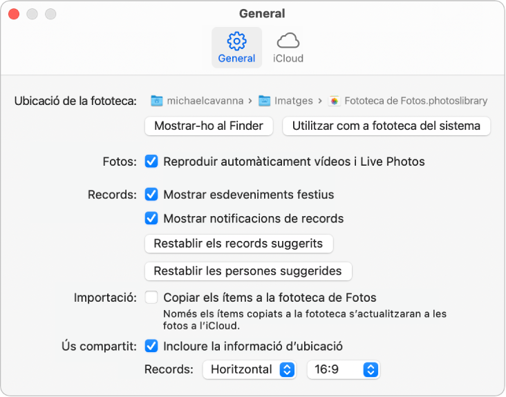 El tauler General de les preferències de l’app Fotos.