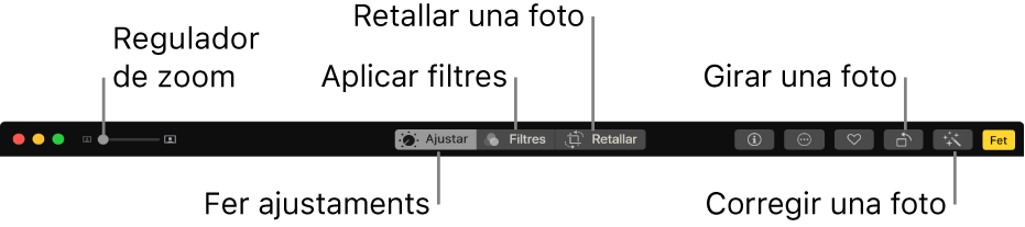 La barra d’eines d’edició amb un regulador de zoom i els botons per fer ajustos, afegir filtres, retallar fotos, girar-les i millorar-les.