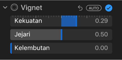 Kawalan Vignet dalam anak tetingkap Laras, menunjukkan gelangsar Kekuatan, Jejari dan Kelembutan.