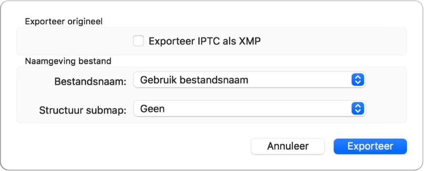 Een dialoogvenster met opties voor het exporteren van fotobestanden in de originele structuur.