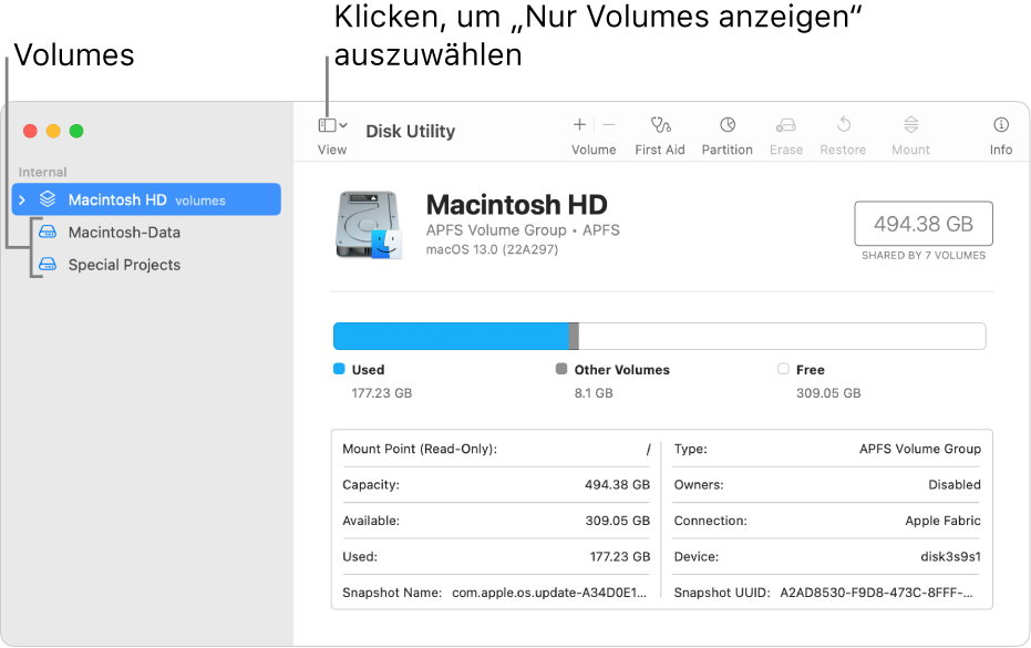 Fenster des Festplattendienstprogramms in der Darstellung „Nur Volumes anzeigen“.