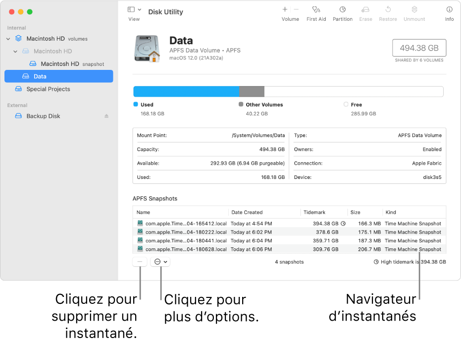 Une fenêtre Utilitaire de disque affichant le navigateur d’instantanés.