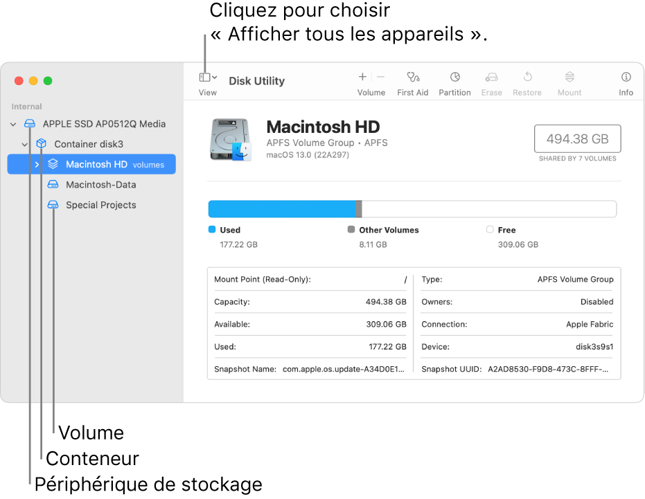 Une fenêtre Utilitaire de disque affichant trois volumes, un conteneur et un périphérique de stockage en présentation « Afficher tous les appareils ».