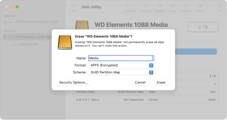 Une fenêtre Utilitaire de disque affichant la zone de dialogue Effacer configurée pour reformater un disque externe dans un format APFS chiffré.