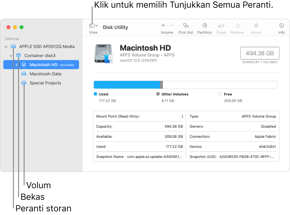 Tetingkap Utiliti Cakera menunjukkan tiga volum, bekas dan peranti storan dalam paparan Tunjukkan Semua peranti.