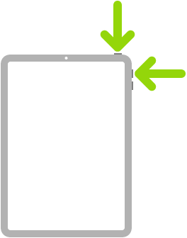 Obrázek iPadu se šipkou ukazující na horní tlačítko a šipkou ukazující na tlačítko zvýšení hlasitosti vpravo nahoře