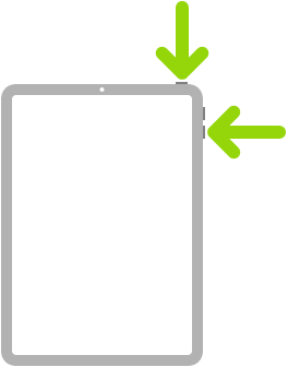 Obrázek iPadu se šipkou ukazující na horní tlačítko a šipkou ukazující na tlačítko zvýšení hlasitosti vpravo nahoře