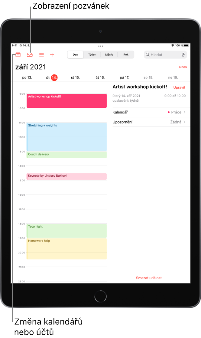 Kalendář v zobrazení dnů. Tlačítka nahoře slouží k přepínání mezi zobrazením dne, týdne, měsíce a roku. Po klepnutí na tlačítko Kalendáře vlevo nahoře můžete změnit kalendáře nebo účty. Tlačítkem Příchozí poblíž levého horního rohu zobrazíte pozvánky.