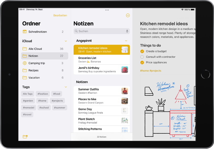 iPad im Querformat mit geöffneter App „Notizen“. Auf der linken Seite des Bildschirms befinden sich von oben nach unten: Ordner, iCloud und Tags. Oben in der Mitte des Bildschirms ist das Suchfeld gefolgt von „Angepinnt“ und „Notizen“. Auf der rechten Seite des Bildschirms ist eine geöffnete Notiz zu sehen.