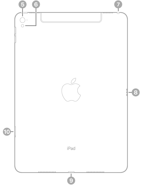 The back view of iPad Pro with callouts to the rear camera and flash at the top left, the headphone jack at the top right, the Smart Connector on the right, the Lightning connector at the bottom center, and the SIM tray (Wi-Fi   Cellular) at the bottom left.