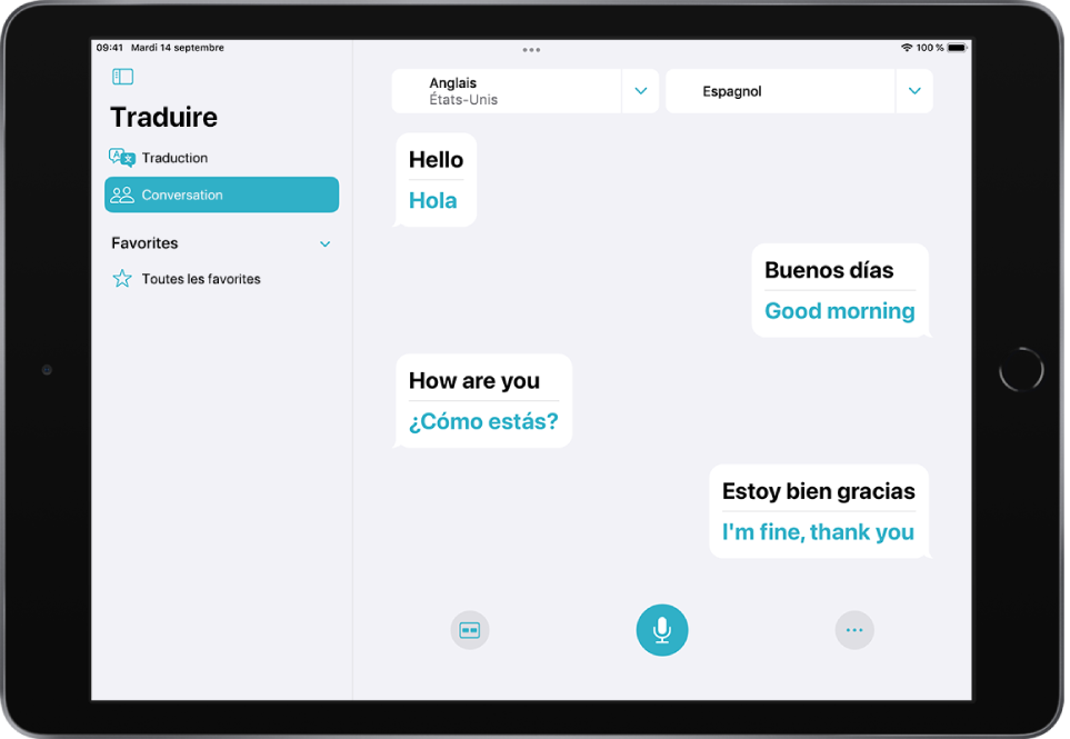 L’onglet Conversation, affichant des bulles de conversation et les traductions.