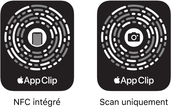 À gauche, un code d’extrait d’app doté de la technologie NFC avec une icône d’iPhone au centre. À droite, un code d’extrait d’app à scanner uniquement, avec une icône d’appareil photo au centre.