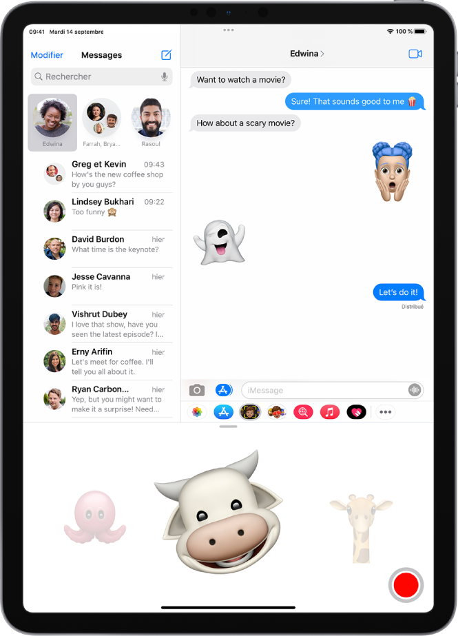 Conversation Messages avec un Memoji sélectionné et prêt à être enregistré avant l’envoi.