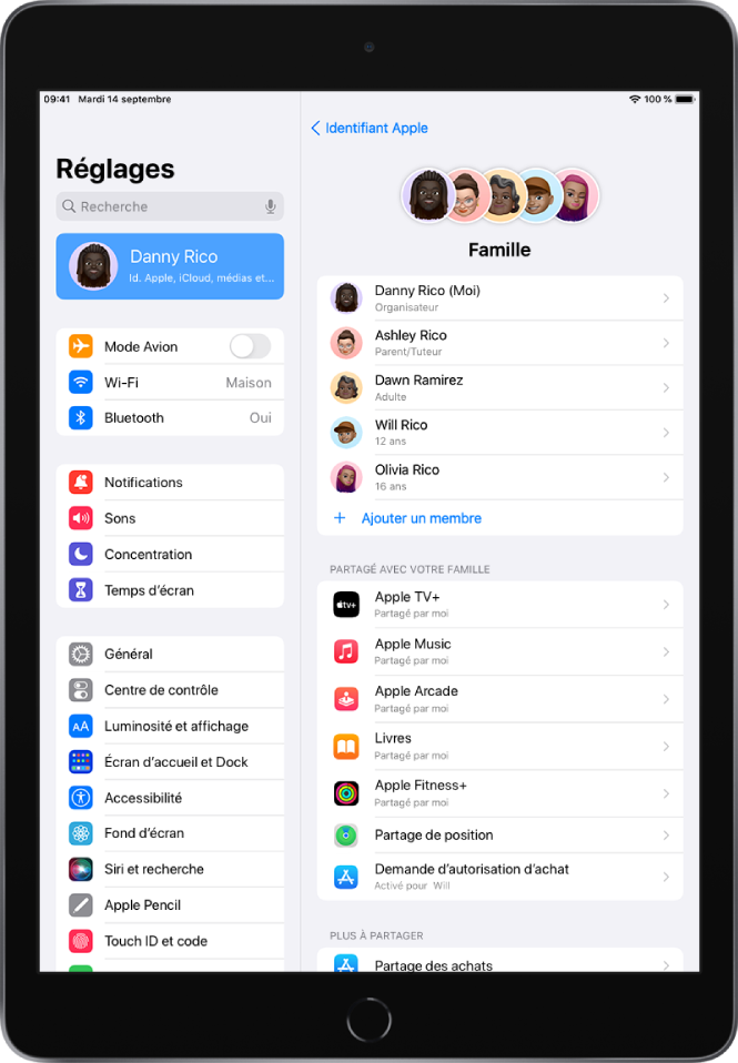 Écran Partage familial dans Réglages. Cinq membres d’une famille sont répertoriées au-dessus des fonctionnalités partagées.