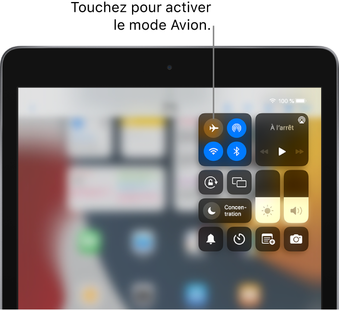 L’écran du centre de contrôle montrant qu’une pression sur le bouton en haut à gauche active le mode Avion.
