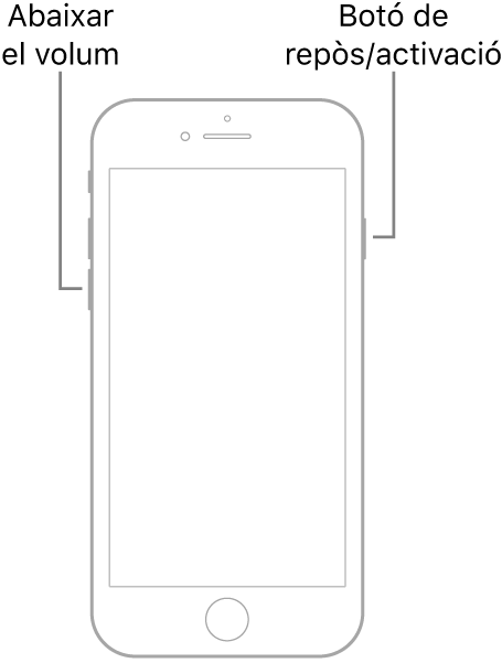 Il·lustració d’un iPhone 7 amb la pantalla de cara cap amunt. El botó per abaixar el volum és al costat esquerre del dispositiu, i el botó de repòs/activació al costat dret.