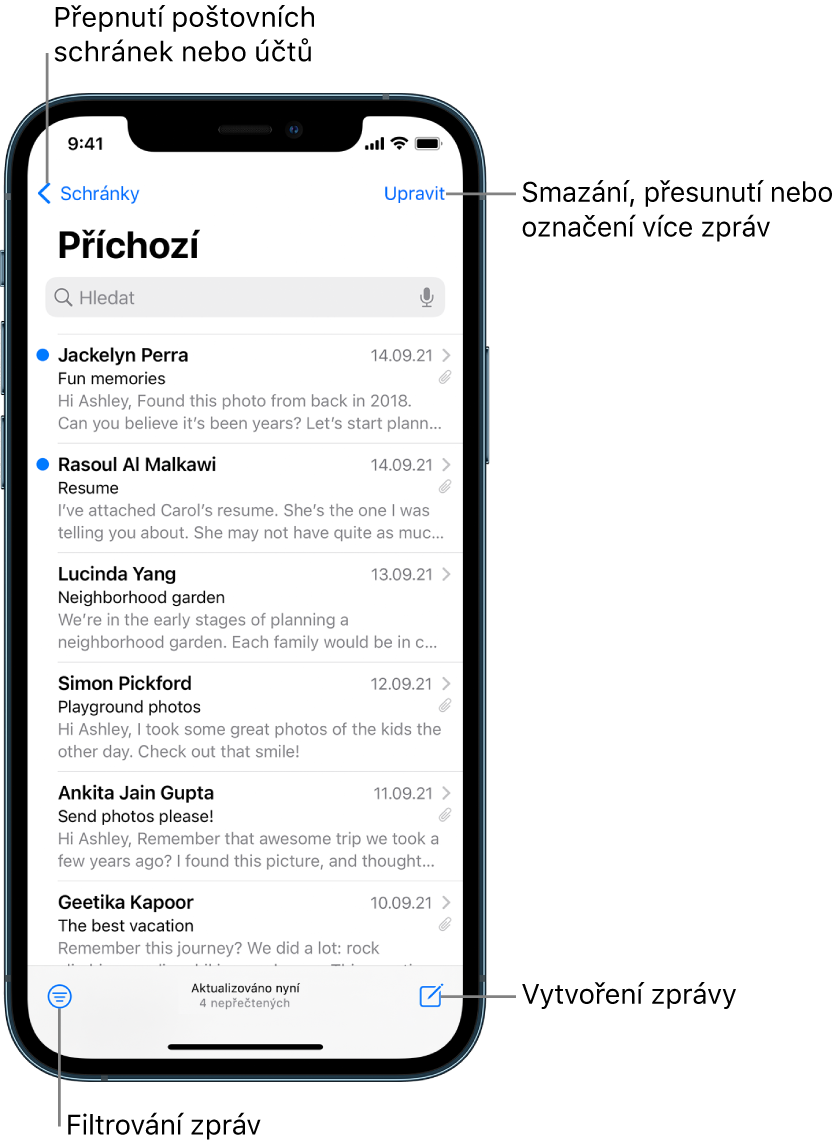 Schránka došlé pošty se seznamem e‑mailů. V levém horním rohu se nachází tlačítko Schránky pro přepnutí do jiné schránky, v pravém horním rohu tlačítko Upravit pro smazání, přesunutí nebo označení e‑mailů, v levém dolním rohu tlačítko pro filtrování e‑mailů, kterým lze zobrazit jen e‑maily s určitými vlastnostmi, a v pravém dolním rohu tlačítko pro vytvoření nové zprávy.
