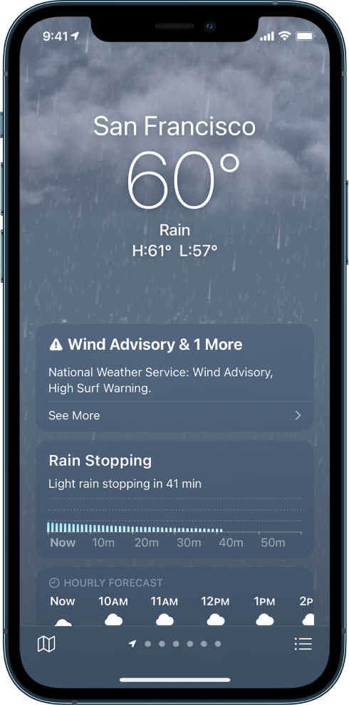 The Weather screen showing the location at the top, and the current temperature and weather condition, which is Rain. Below that is a chart showing the level of rainfall for the next hour in 10-minute increments. Below that is the hourly forecast and a precipitation map. At the bottom-right corner is the Location List button and in the bottom-left corner is the Show Map button.