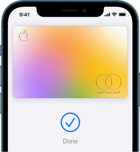 A credit card on the Wallet screen. Below the card is a checkmark and the word “Done.”