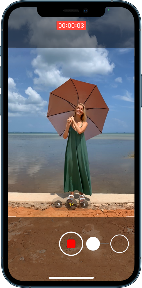 The Camera screen in Photo mode. The subject fills the center of the screen, inside the camera frame. At the bottom of the screen, the Shutter button moves to the right, demonstrating the movement of starting a QuickTake video. The video timer is at the top of the screen.