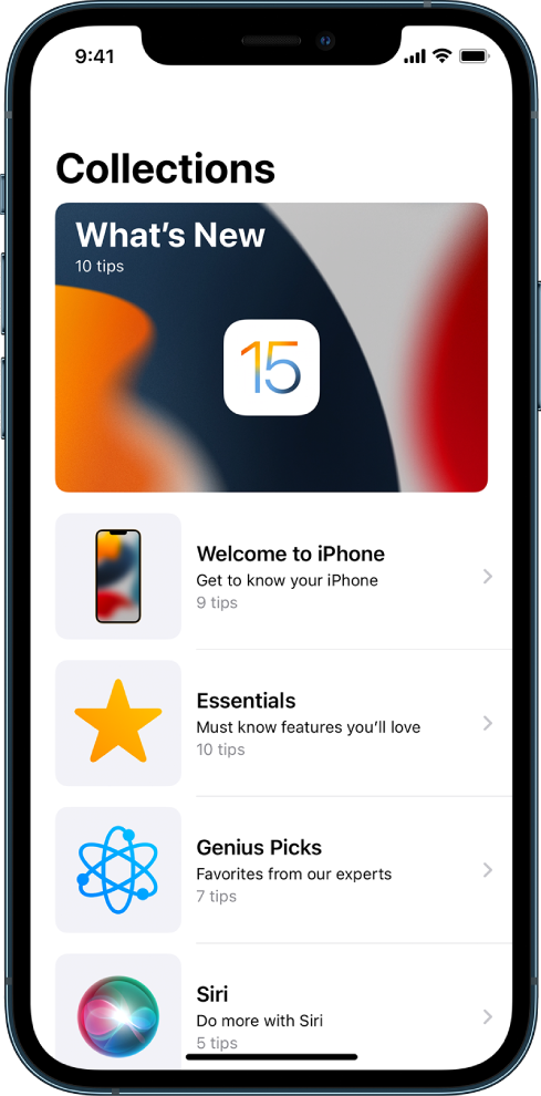 A screen showing collections of Tips with right arrows indicating that you can tap a collection to view the tips in it.