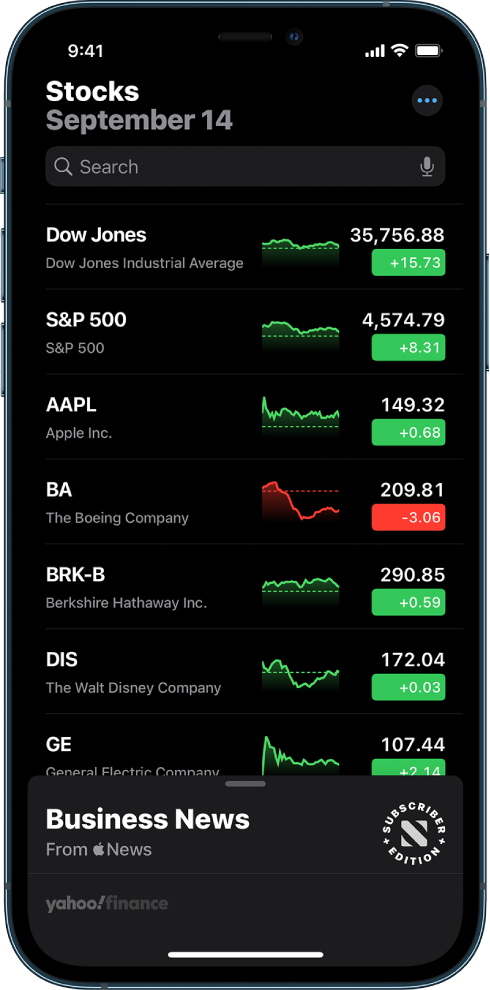 A watchlist showing a list of different stocks. Each stock in the list displays, from left to right, the stock symbol and name, a performance chart, the stock price, and price change. At the top of the screen, above the watchlist, is the search field. Below the watchlist is Business News. Swipe up on Business News to display stories.