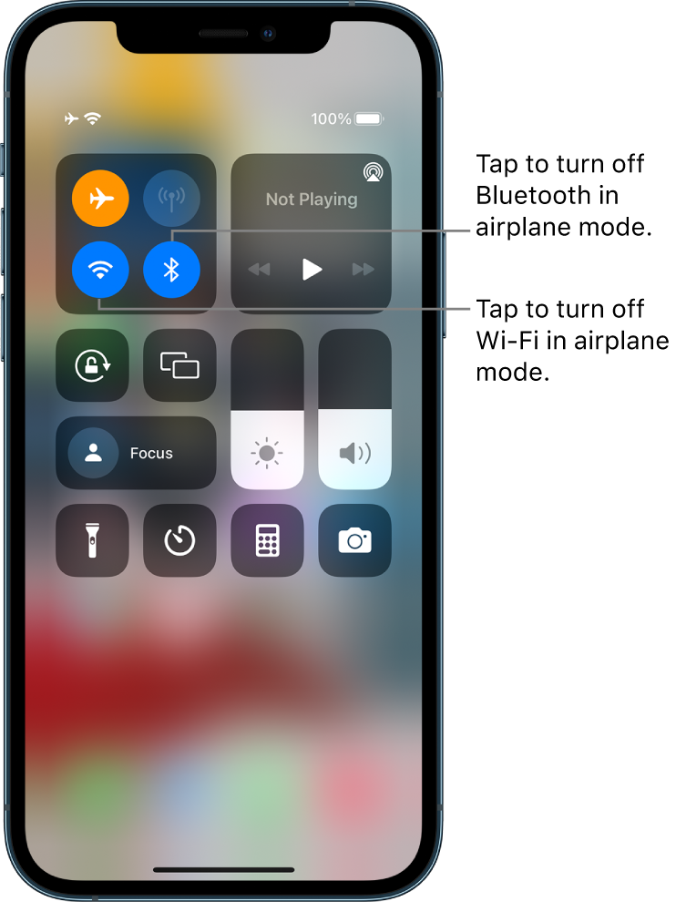 Control Center with airplane mode on. In the top-left group of controls are the Wi-Fi button (bottom left) and the Bluetooth button (bottom-right).