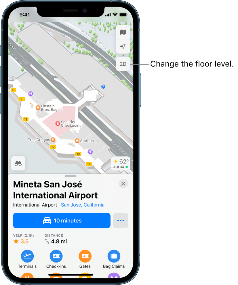 An indoor map of an airport terminal. The map shows businesses and boarding gates.