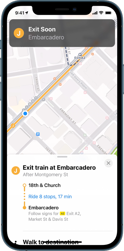 A map showing transit directions and a notification to exit soon.