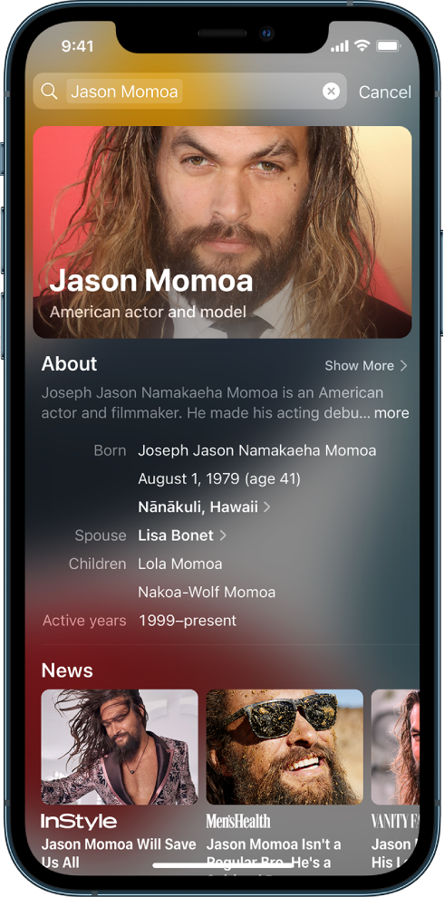 A screen showing a search on iPhone. At the top is the search field with the name of a celebrity, and below it are search results found for the target text.