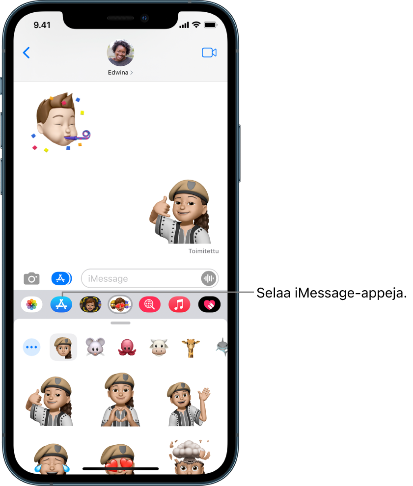 Viestit-keskustelu, jossa on valittuna iMessage-appiselain-painike. Avoimessa appipalkissa näkyy hymiötarroja.