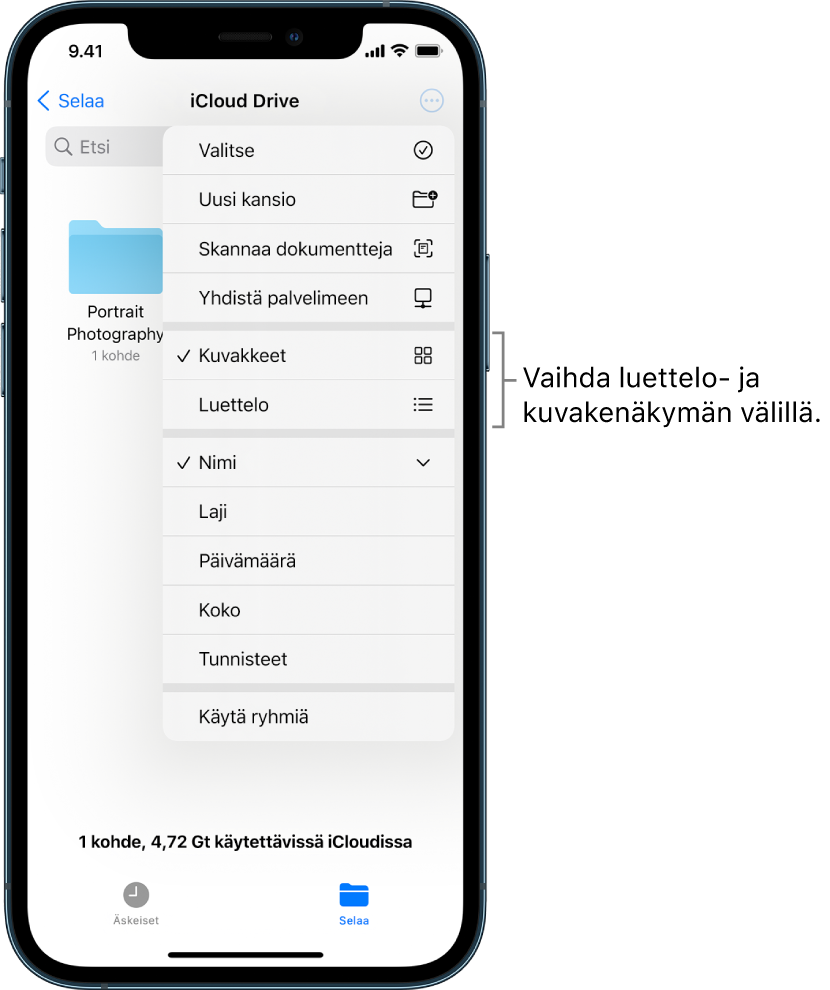 iCloud Drive -sijainti Valokuvaus-tiedostoille. Kohteet on järjestetty nimen perusteella, ja ne ovat kansio nimeltä Mökkiremontti sekä seuraavat kuusi dokumenttia: Aavikkopysähdys, Karen Blue, Järvenranta, Vehreät varjot, Mark Flip ja Susan Green. Lähellä oikeaa yläkulmaa on painike, jolla vaihdetaan luettelo- ja kuvakenäkymän välillä.