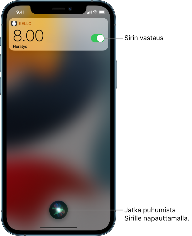 Siri lukitulla näytöllä. Kello-apin ilmoitus kertoo, että herätys on laitettu soimaan aamulla kello 8.00. Näytön alaosassa keskellä olevalla painikkeella voidaan jatkaa puhumista Sirille.