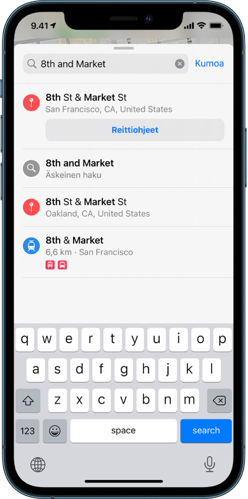 Hakukortti, jossa näkyy haku ”8th and Market” ja useita tuloksia.