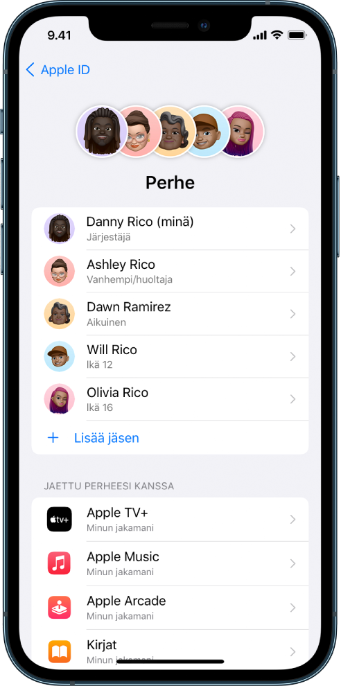 Perhejako-näyttö Asetukset-apissa. Viisi perheenjäsentä on lueteltuna, ja neljä tilausta on jaettu perheen kesken.