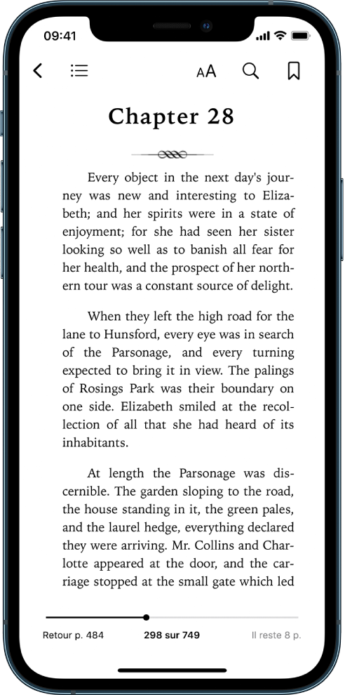 La page d’un livre ouvert dans l’app Livres, avec différents boutons de gauche à droite en haut de l’écran pour fermer le livre, consulter la table des matières, modifier le texte, effectuer une recherche et ajouter des signets. Un curseur apparaît en bas de l’écran.