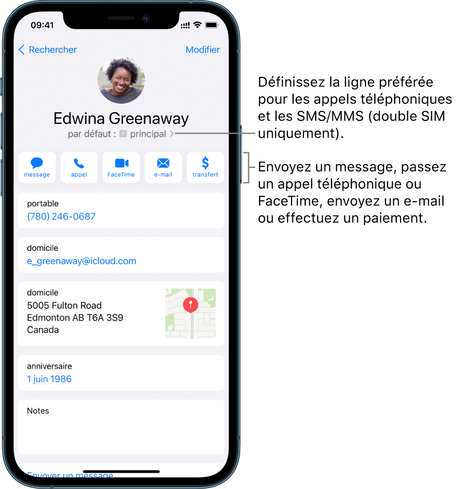 L’écran Infos pour un contact. Le nom et la photo du contact se trouvent en haut. En dessous se trouvent les boutons pour envoyer un message, passer un appel, passer un appel FaceTime, envoyer un message par e-mail et envoyer de l’argent via Apple Pay. Sous les boutons se trouvent les coordonnées du contact.