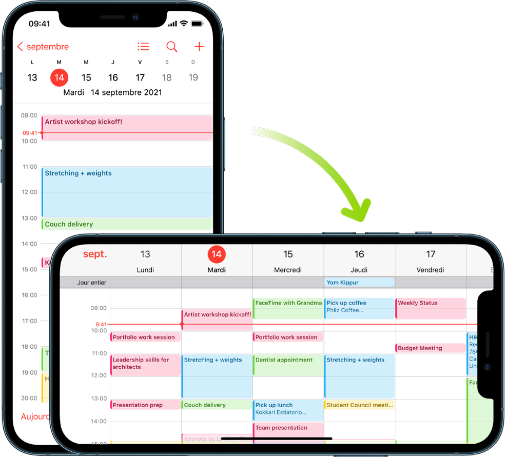 En arrière-plan, l’iPhone affiche un écran Calendrier, avec les évènements d’une journée donnée en orientation Portrait. Au premier plan, l’iPhone pivote en orientation Paysage, ce qui permet de consulter les évènements de la semaine comprenant la journée précédemment affichée.