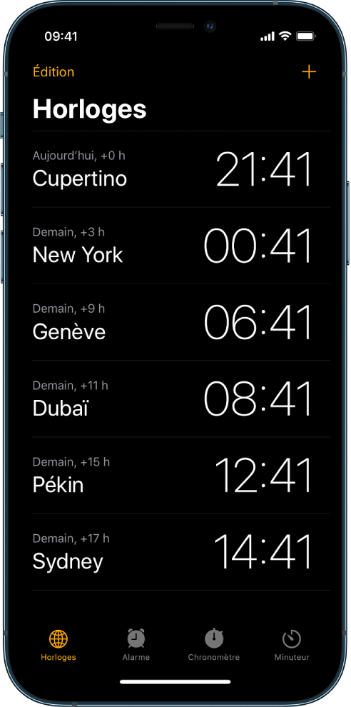 L’onglet Horloges, affichant l’heure dans différentes villes. Le bouton Modifier, qui se trouve dans le coin supérieur gauche, permet de réorganiser des horloges ou de les supprimer. Le bouton Ajouter, qui se trouve dans le coin supérieur droit, permet d’ajouter des horloges. Les boutons Horloges, Alarme, Chronomètre et Minuteur se trouvent en bas de l’écran.