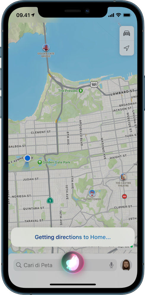 Peta menampilkan respons Siri “Getting directions to Home” di bagian bawah layar.