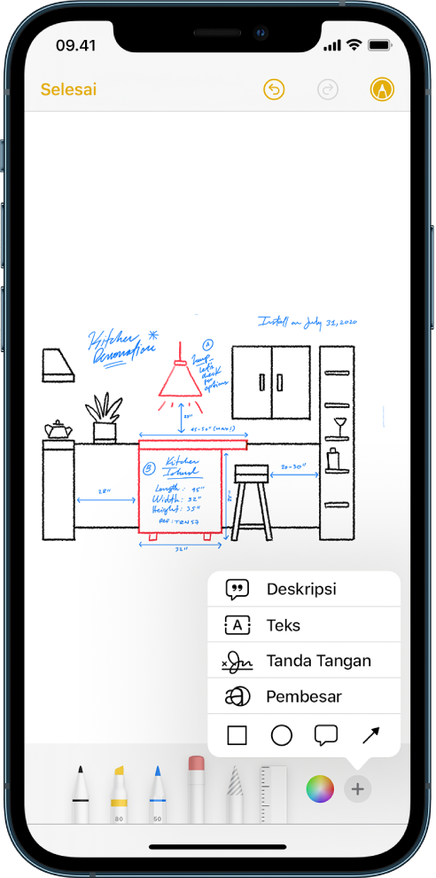 Gambar renovasi dapur ditampilkan dengan alat Markah di bagian bawah layar. Menu dengan pilihan untuk menambahkan deskripsi, teks, tanda tangan, kaca pembesar, dan bentuk muncul di pojok kanan bawah.