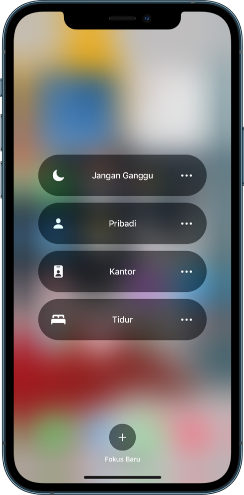 Pusat Kontrol menampilkan pilihan Fokus, dengan tombol untuk mengatur durasi pilihan Fokus.