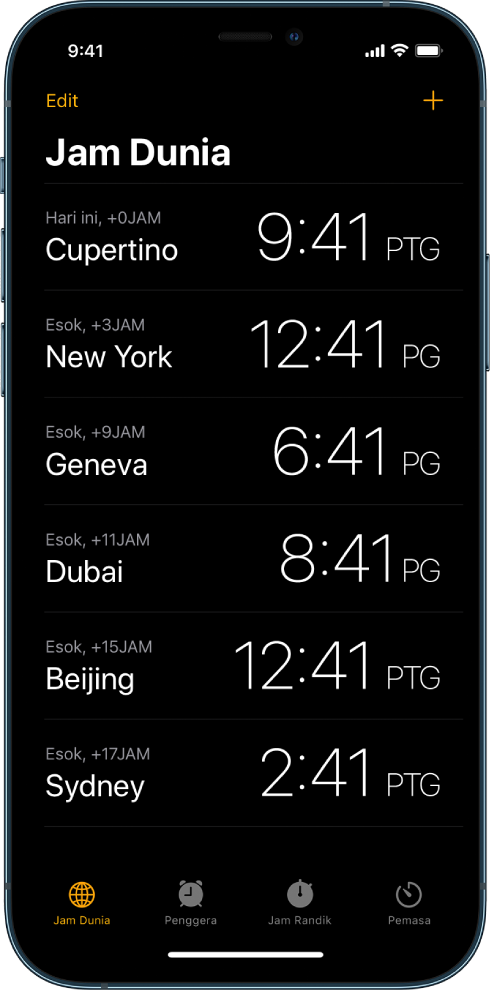 Tab Jam Dunia, menunjukkan waktu di pelbagai bandar. Butang Edit berdekatan penjuru kiri atas membolehkan anda menyusun semula atau memadamkan jam. Butang Tambah berdekatan penjuru kanan atas membolehkan anda menambah lebih banyak jam. Butang Jam Dunia, Penggera, Jam Randik dan Pemasa ada di sepanjang bahagian bawah.